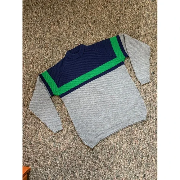 Vintage TUXAN Sweater Blue Green Grey Striped Crewneck Knit Made in USA Size L - Picture 1 of 2